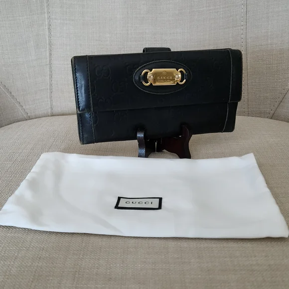 Gucci GG Black Guccissima Long Trifold Snap Wallet W/ Gucci Gold Horsebit Accent - Picture 4 of 16